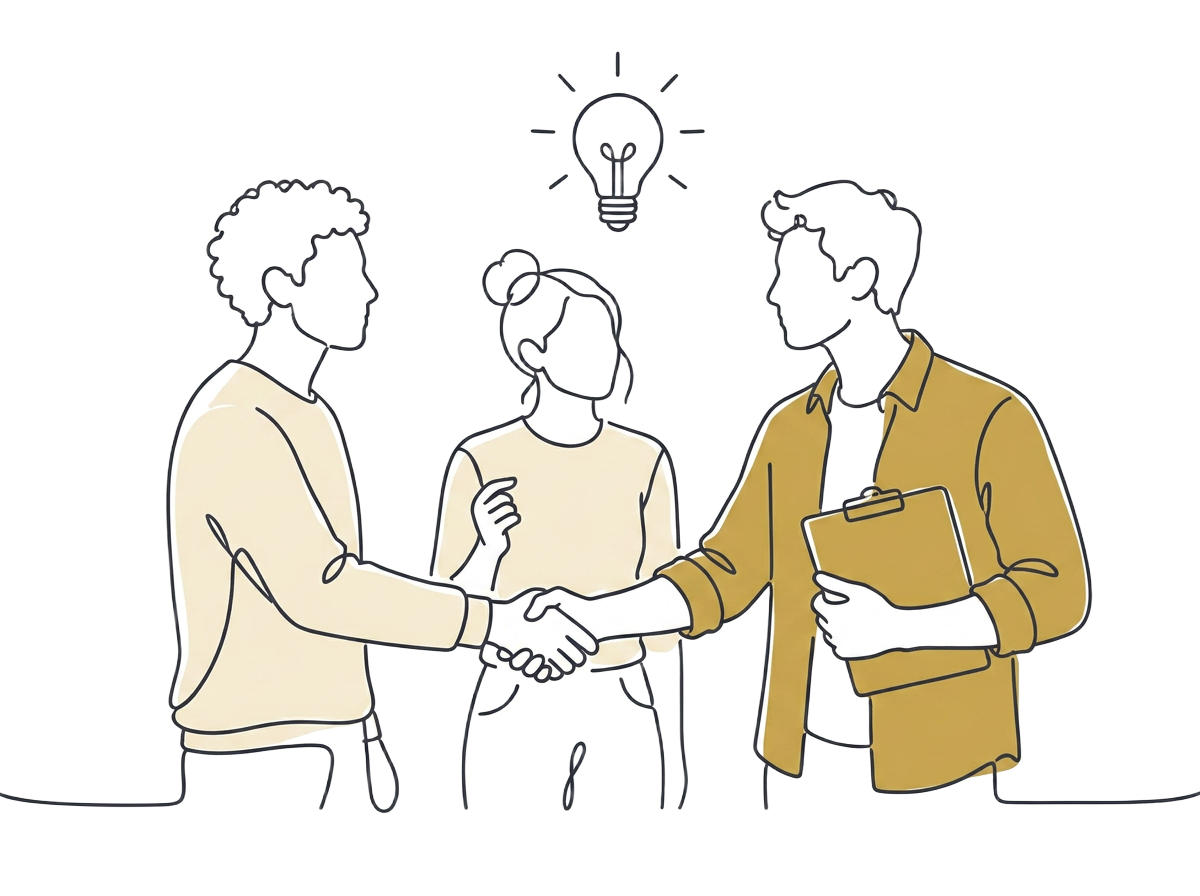 Line art illustration of students shaking hands with a lightbulb above, symbolising insight and opportunity